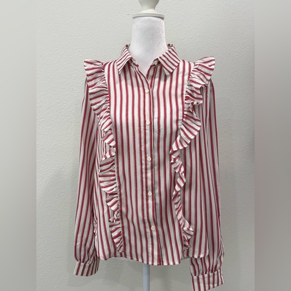 Forever 21 Tops - Forever 21 Red and White Striped Ruffle Blouse Size M